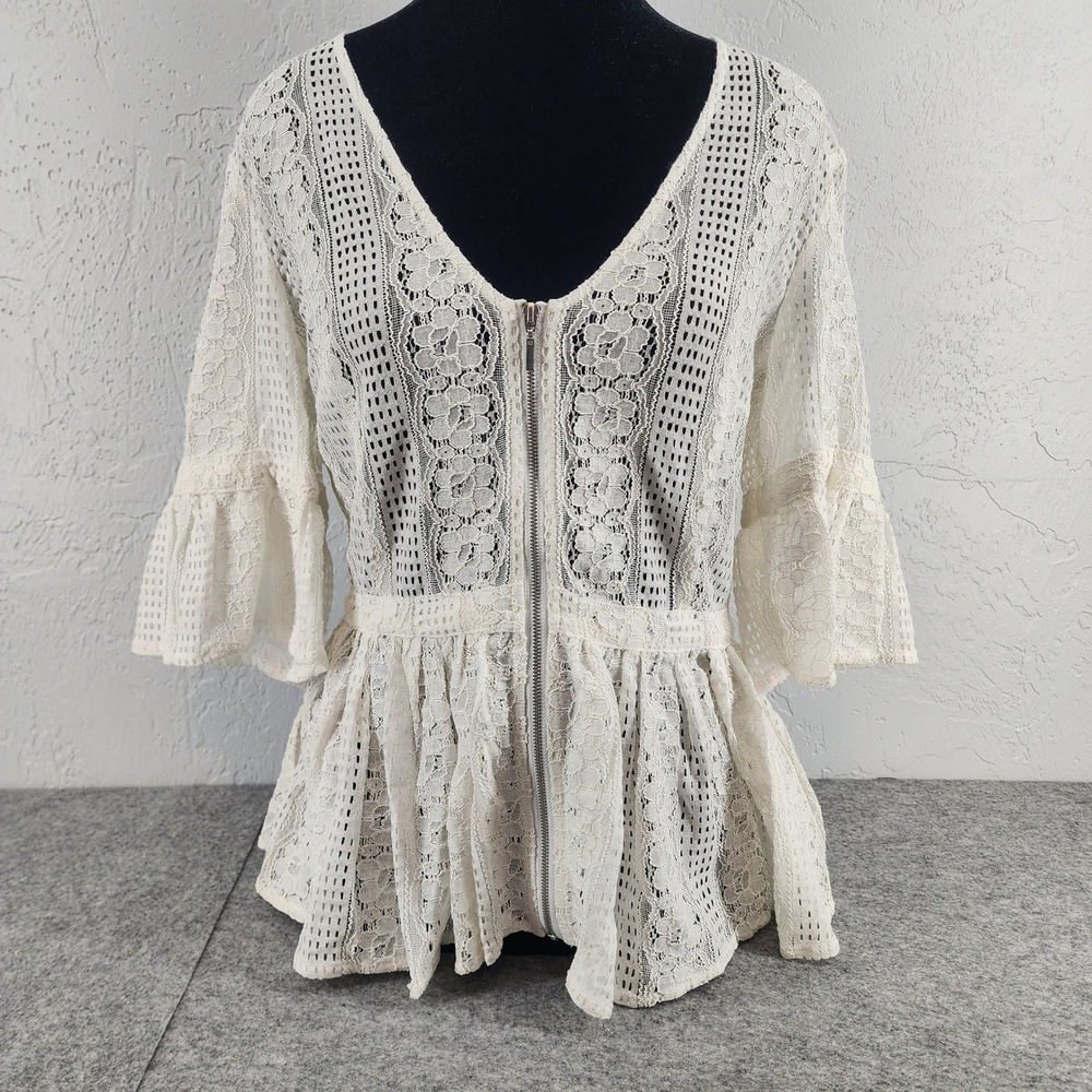 Venus Cream Ivory Lace Zip Front Bell Sleeve Peplum Top Boho Romantic Womens 6
